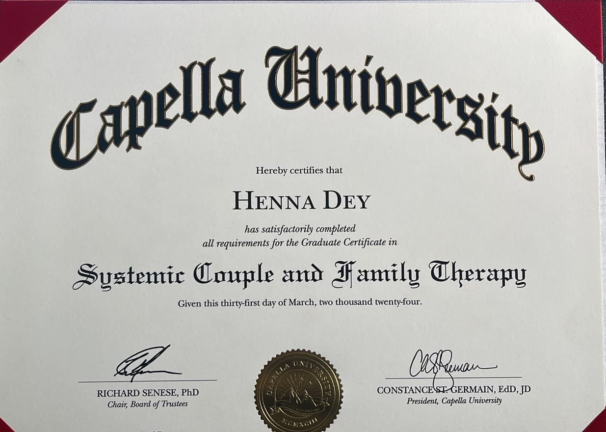 Capella University Graduate Certificate in Systemic Couple and Family Therapy awarded to Henna Dey, March 2024